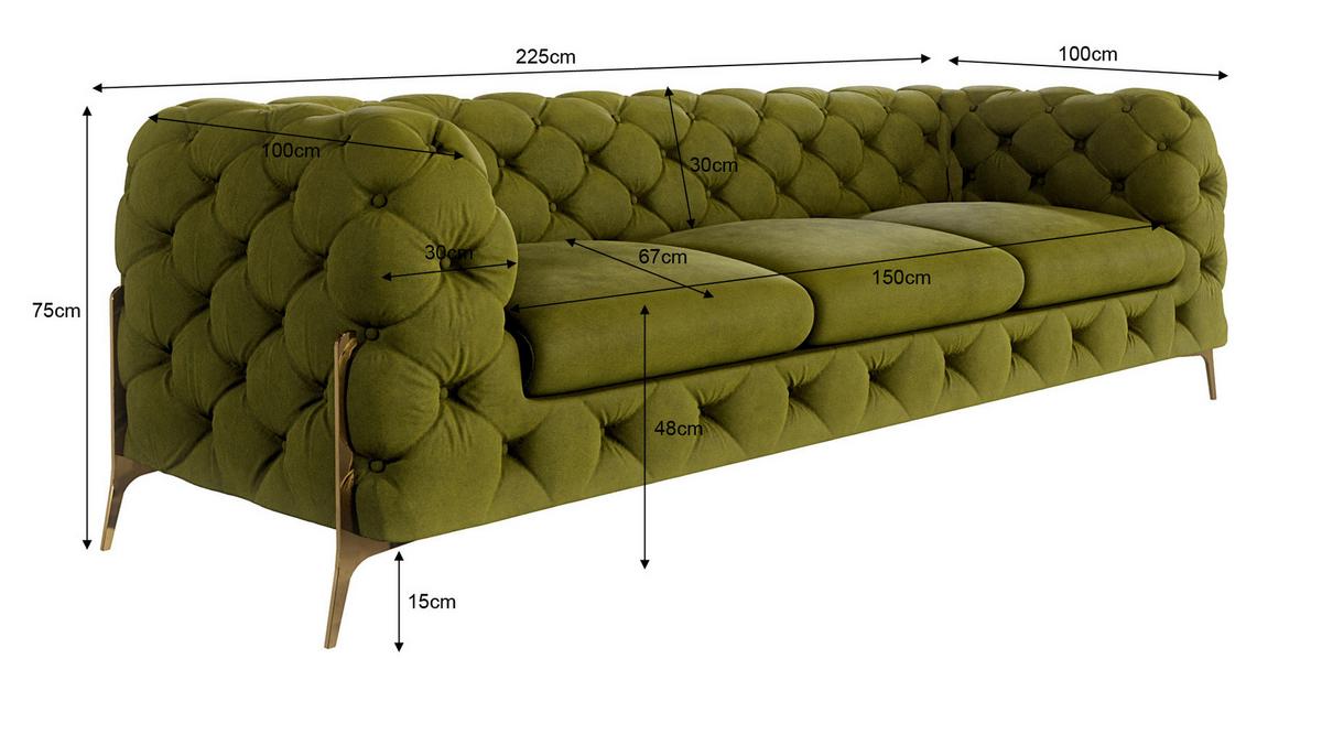 SITZGARNITUR 3+2+1 Chesterfield Lexi Olive Samt - Goldfarben/Olivgrün, Holz/Textil (243/75/100cm) - S-Style Möbel