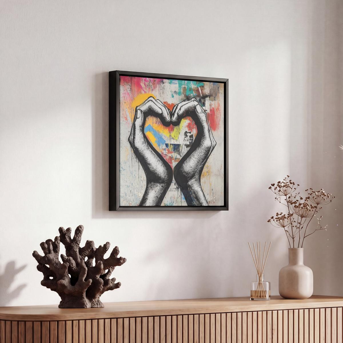 LEINWAND Bilder mit Rahmen - Hände - Herz - Straßenkunst - Graffiti - 20x20 - Multicolor, Textil (20/20cm) - MuchoWow