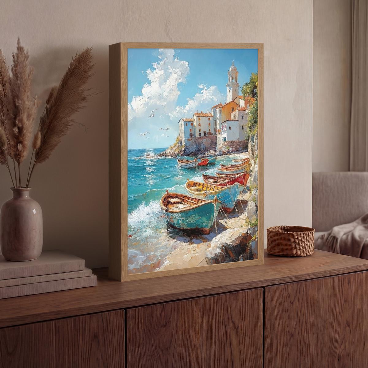 WANDLEUCHTE MIT AKKU Boote - Felsen - Meer - Sonne 40x60 cm - Blau, Holzwerkstoff (40/60/8cm) - OnlyWow
