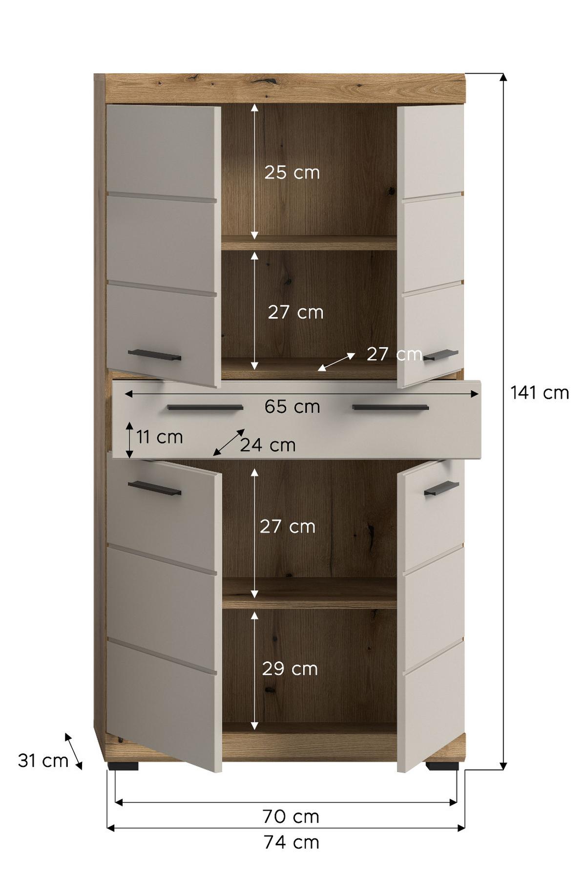 MIDISCHRANK Sand Kaschmir, Evoke Eiche, Badschrank 74 x 141 cm mit 4 Türen und Schubkasten - Kaschmir/Eichefarben, Holzwerkstoff/Kunststoff (74/141/31cm) - Inn.Furn