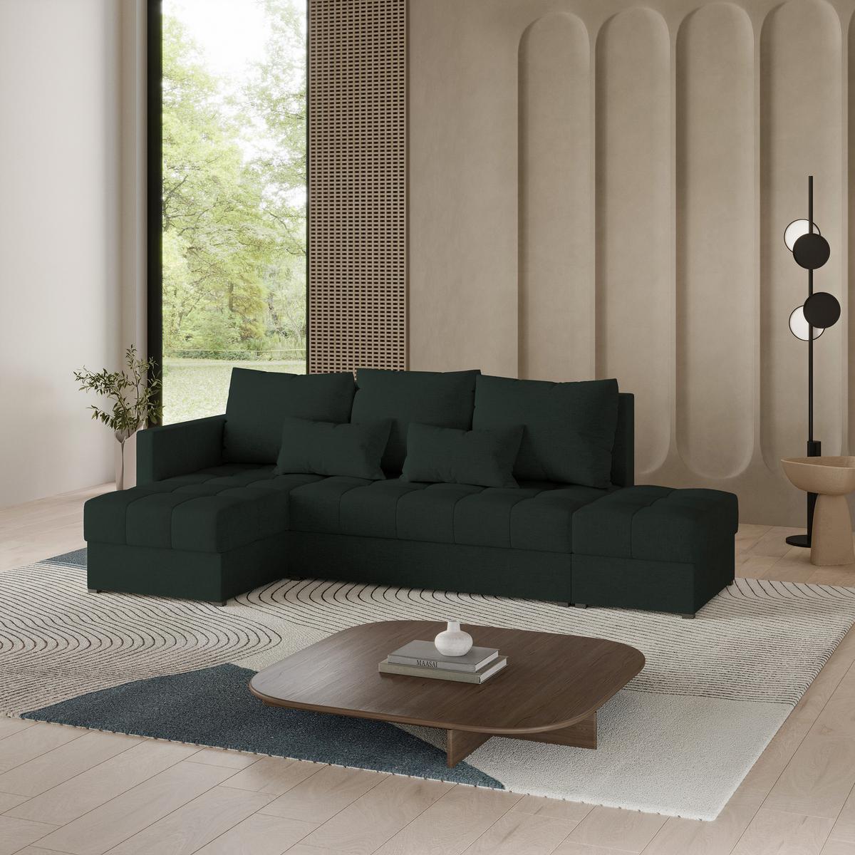 ECKSOFA LUMARI L-S Grün Plüsch-Stoff mit Schlaffunktion - Grün, Holz (262/143cm) - MASSENO