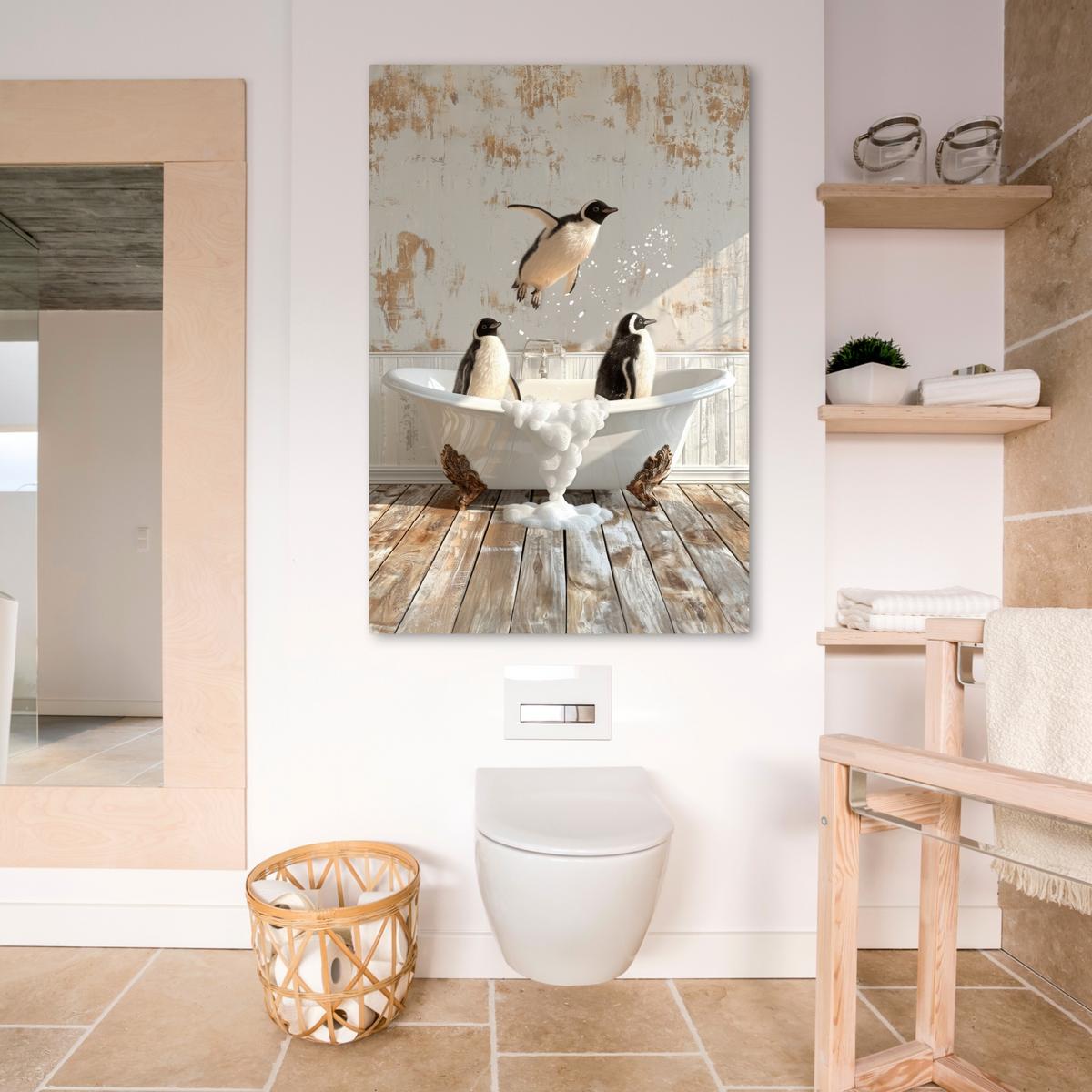 LEINWANDBILD Vintage - Pinguin - Badewanne - Schaumstoff Deko XXL 80x120 cm - Schwarz, Textil (80/120cm) - MuchoWow