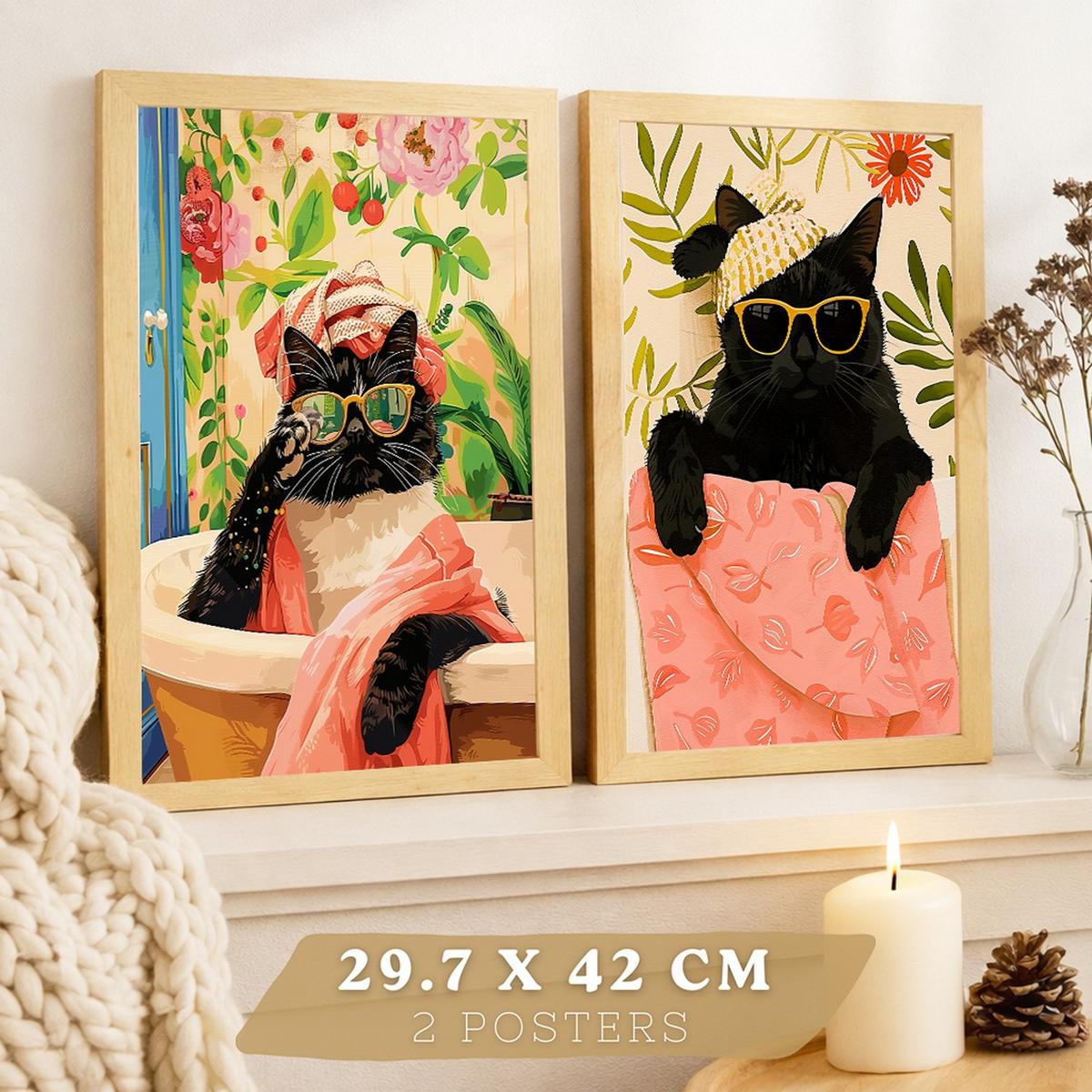 POSTER 2er Kunstdruck-Set Wandbilder Katzen Badezimmer modern Wohnzimmer Deko, Schlafzimmer, Küche Rahmenlos A4 - Klar, Papier (29.7/1/21cm) - Nacnic