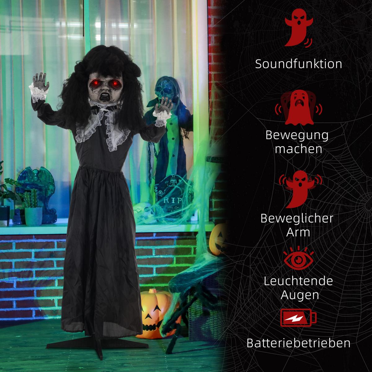 160CM Halloween Dekoration Geisterpuppe mit LED-Lichter, Soundfunktion - Schwarz, Kunststoff (15/160/65cm) - HOMCOM
