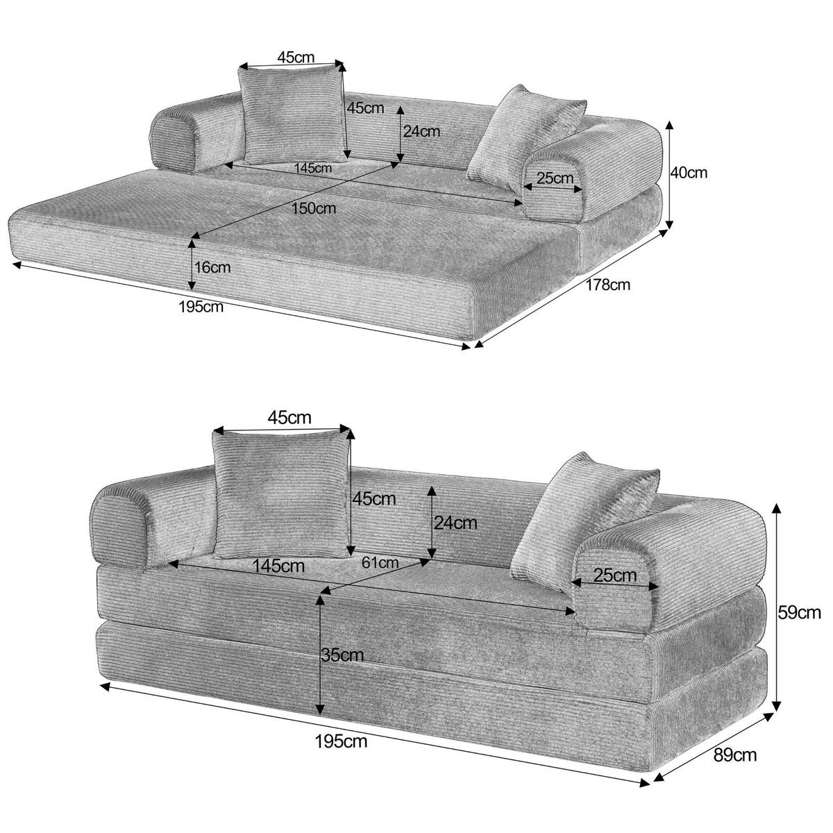 SCHLAFSOFA aus Cord in Grün 2-in-1 Funktion & zum Gästebett klappbar - Grün, Textil (89/59/195cm) - Urban Meuble