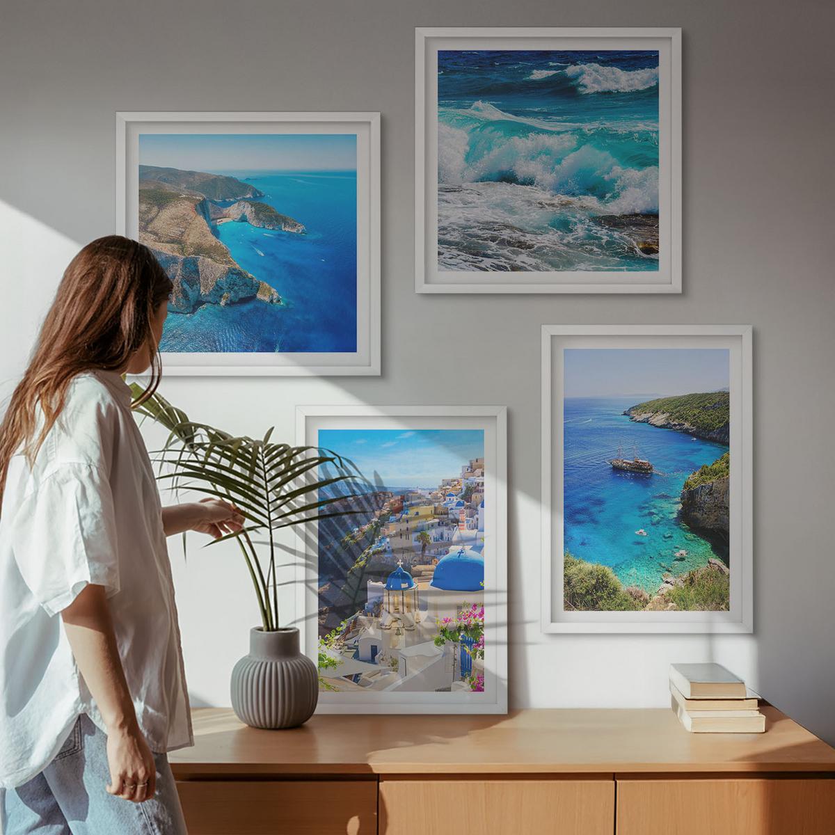 BILDER SET 4er Set - 50x50 cm & 40x60 cm Weißer Rahmen - Griechische Ansichten von Santorin Oia - Weiß, Kunststoff (50/50cm) - TULUP