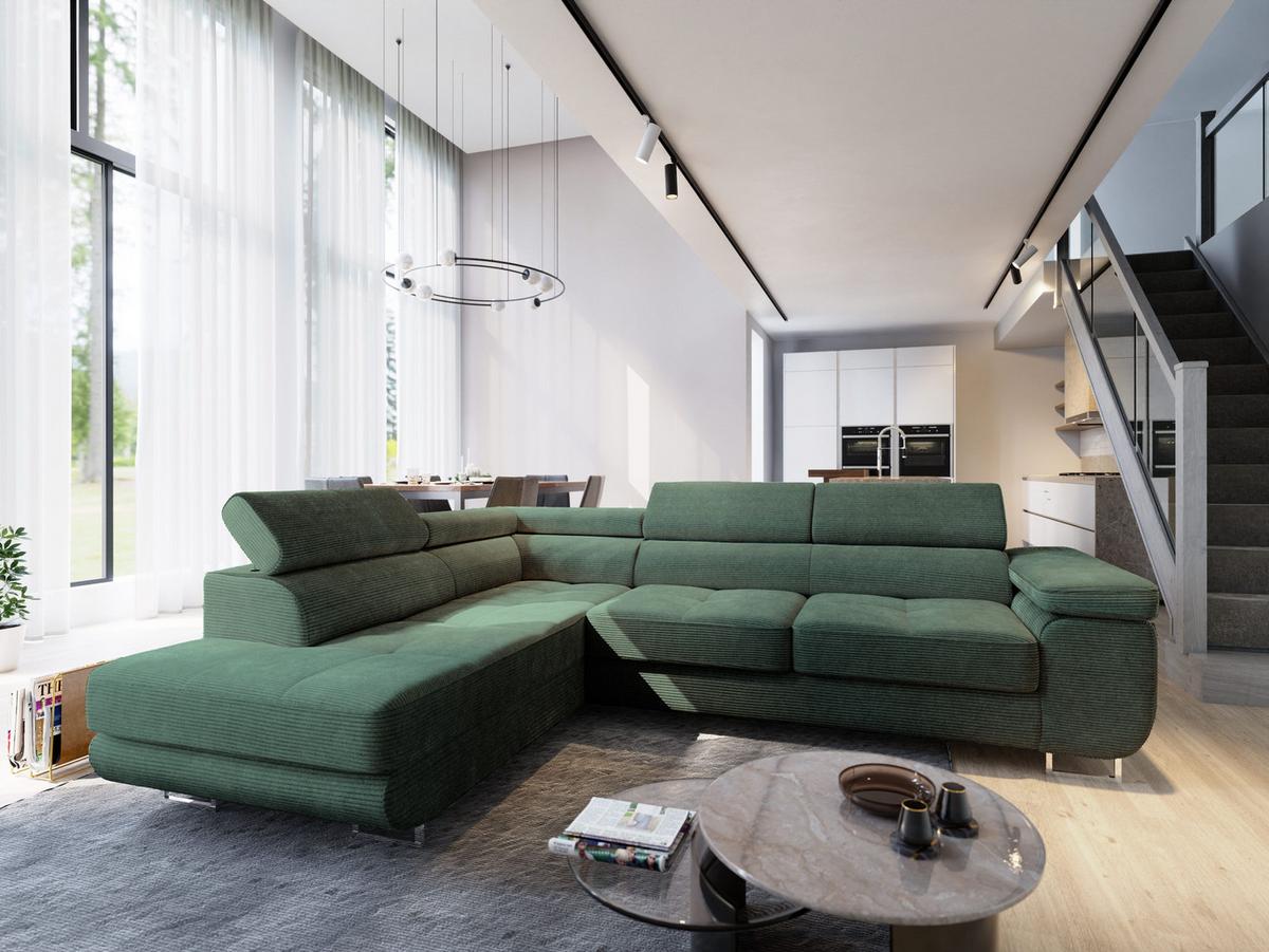 ECKSOFA APIRO L-S Grün Kordstoff mit Schlaffunktion - Silberfarben/Grün, Holz/Textil (276/202cm) - MASSENO