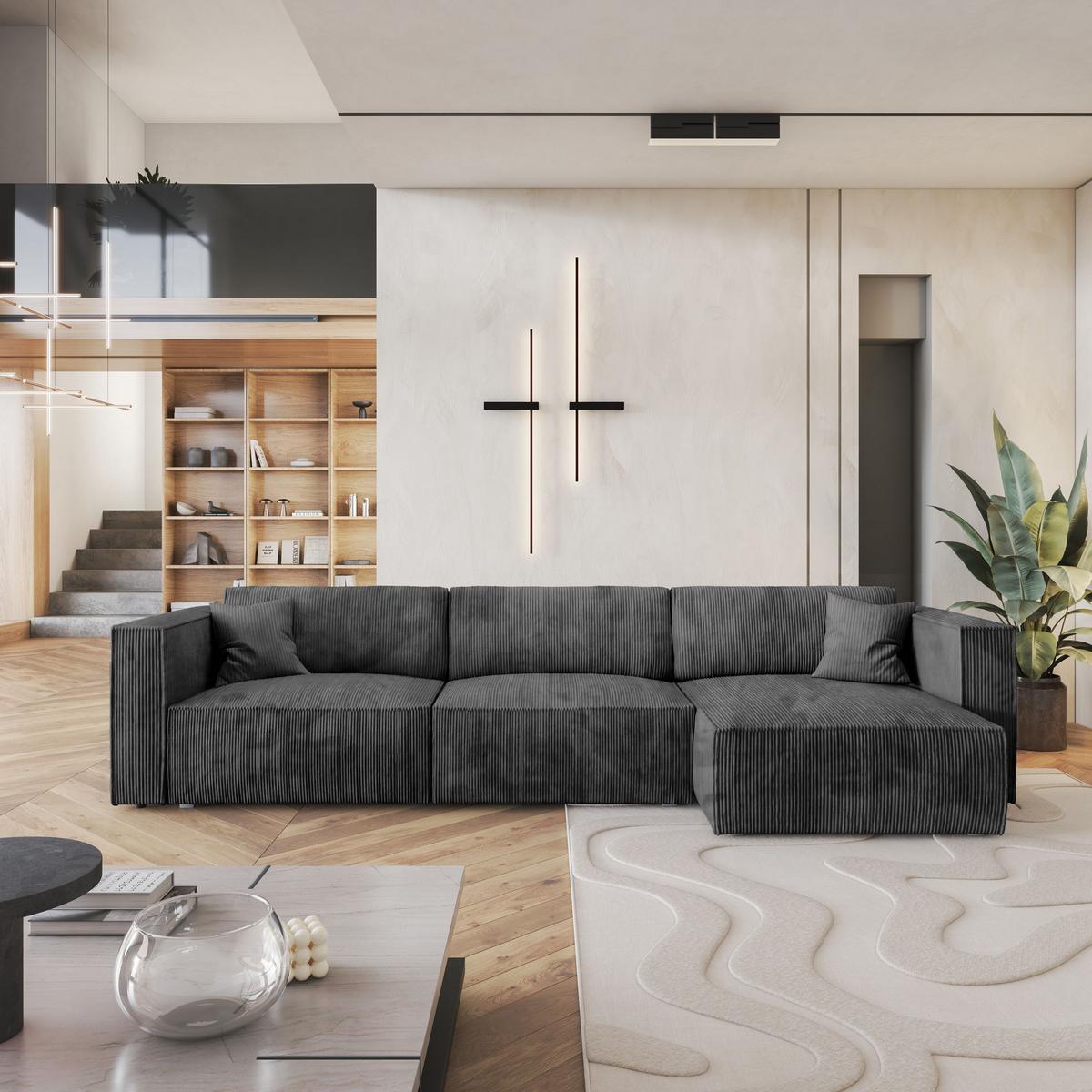 ECKSOFA TOLMO P Graphitfarben Kordstoff mit Schlaffunktion - Graphitfarben/Grau, Holz/Kunststoff (347/148cm) - MASSENO