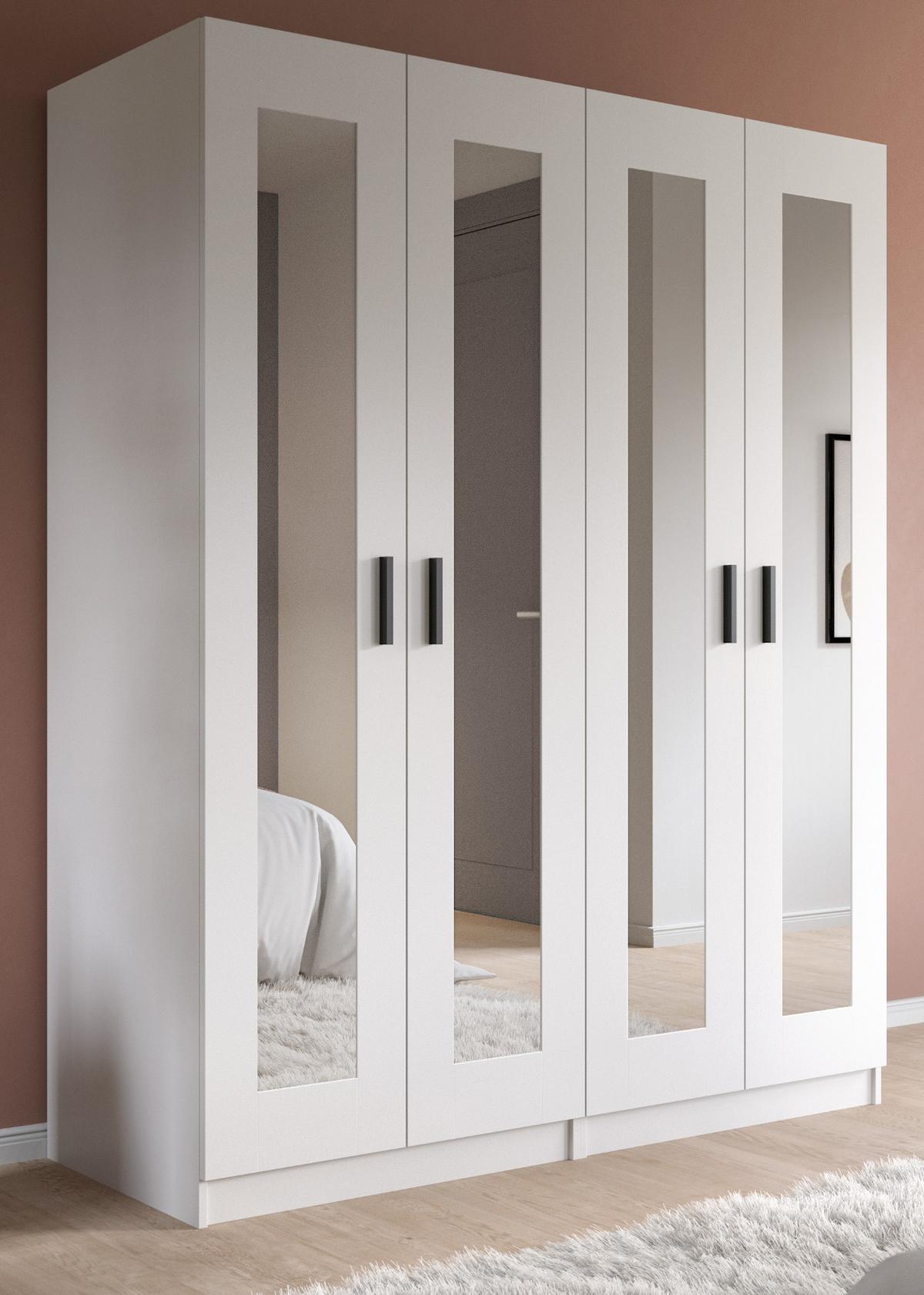 KLEIDERSCHRANK in weiß 160 x 194 cm skandinavisch, Drehtürenschrank 4-türig mit Spiegel - Schwarz/Weiß, Glas/Holzwerkstoff (160/194/56cm) - Inn.Furn