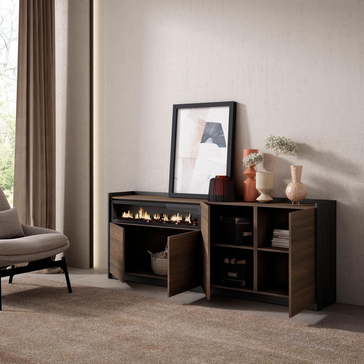 SIDEBOARD, Highboard, Dunkler Eiche und Schwarz, Elektrokamin, 207/37/80cm - Hellbraun, Holzwerkstoff (207/80/37cm) - Skraut Home