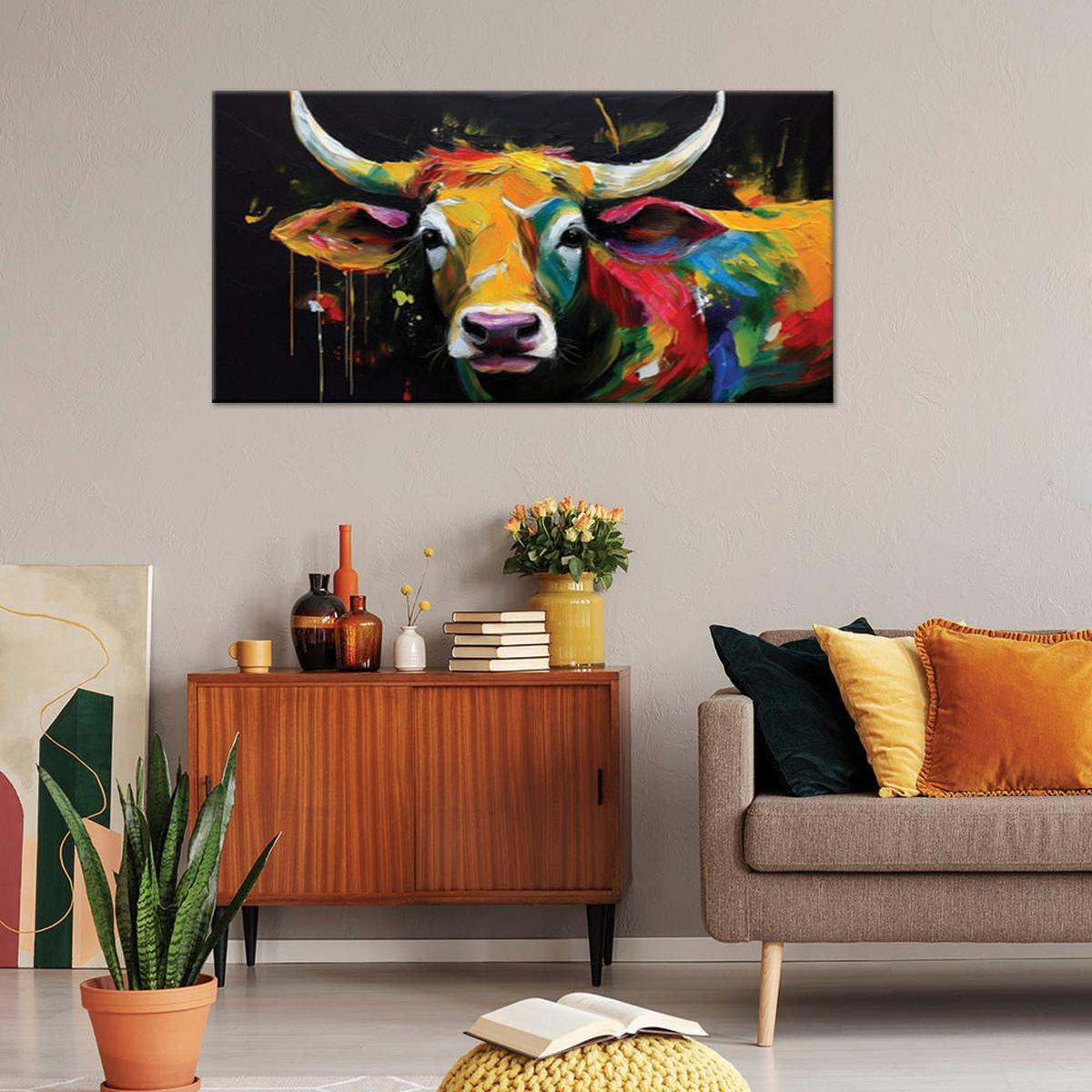 LEINWANDBILD Abstrakte farbige schottische Kuh 100x50cm - Multicolor, Textil (100/50cm) - Feeby