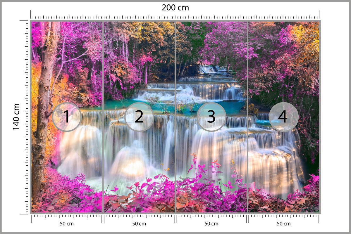 FOTOTAPETE für Schlafzimmer Wasserfall Pinker Wald Fantasie 200x140 - Türkis/Beige, Papier (200/140cm) - Muralo