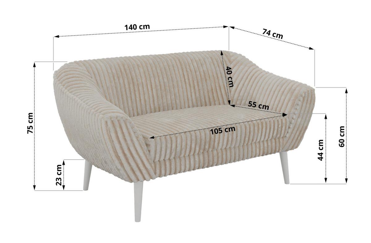 2-SITZER-SOFA PIRS - Beige Cord - Weiße Beine - Beige/Creme, Holzwerkstoff/Textil (140/75/74cm) - MKS