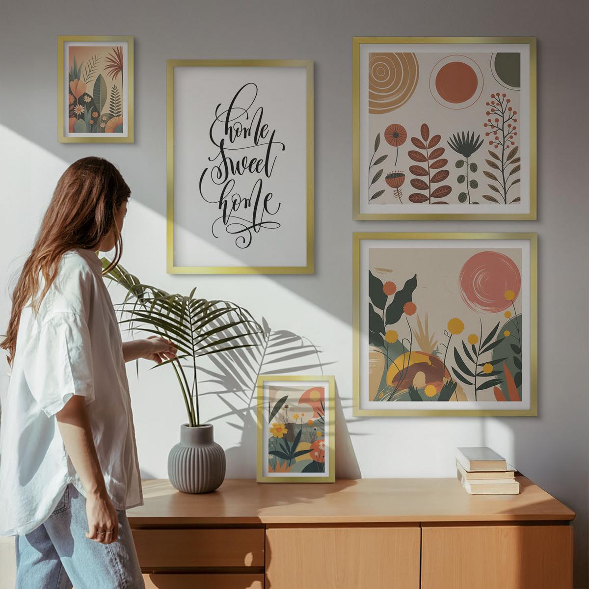 BILDER SET 5er Set - 50x50 cm & 20x30 cm & 40x60 cm Goldrahmen - Pastellfarbene Pflanzenmuster - Goldfarben, Kunststoff (40/60cm) - TULUP