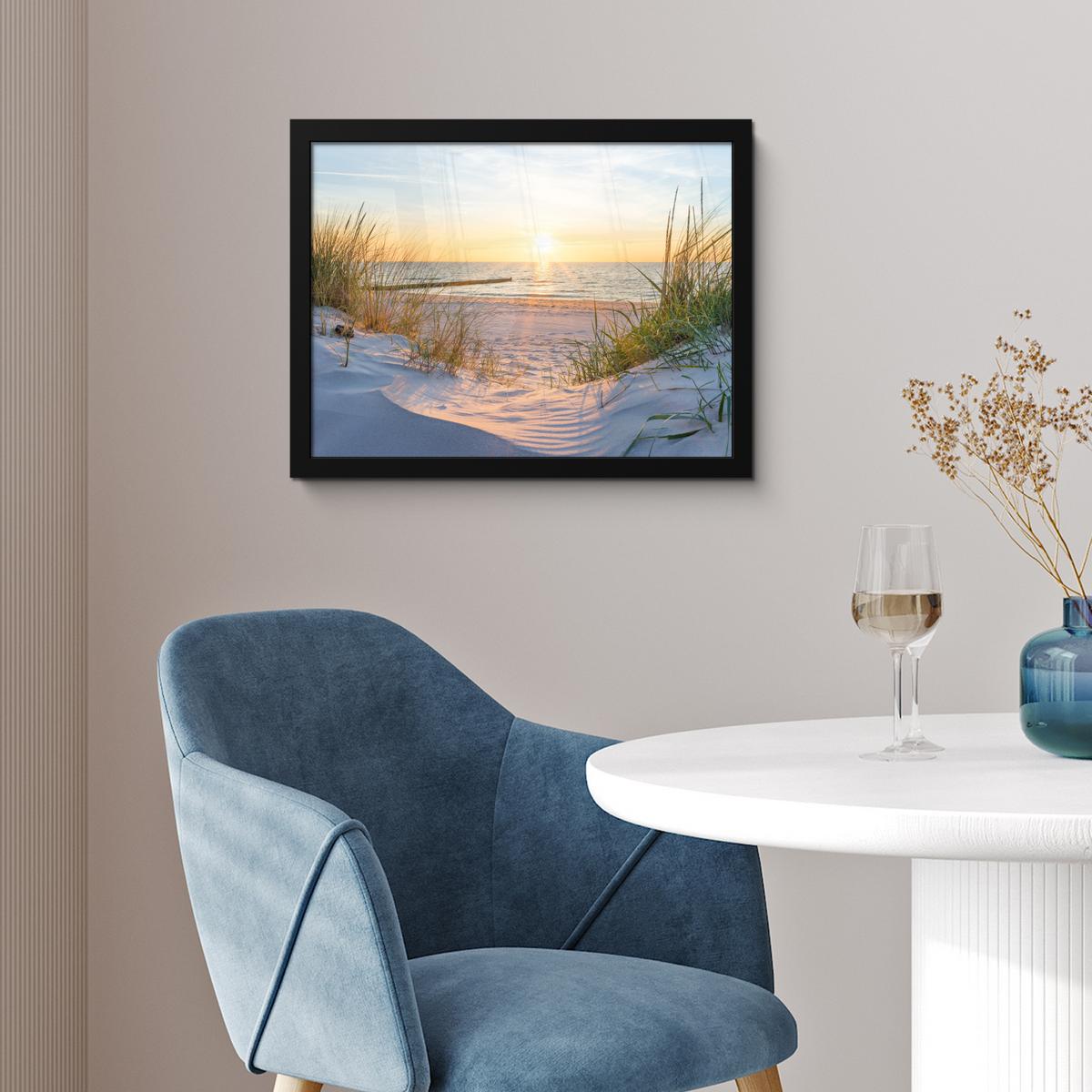 POSTER MIT RAHMENGERAHMTES BILD Strand - Sonne - Düne - Gras - Sand - Horizont 40x30 cm - Hellblau, Papier (40/30cm) - MuchoWow