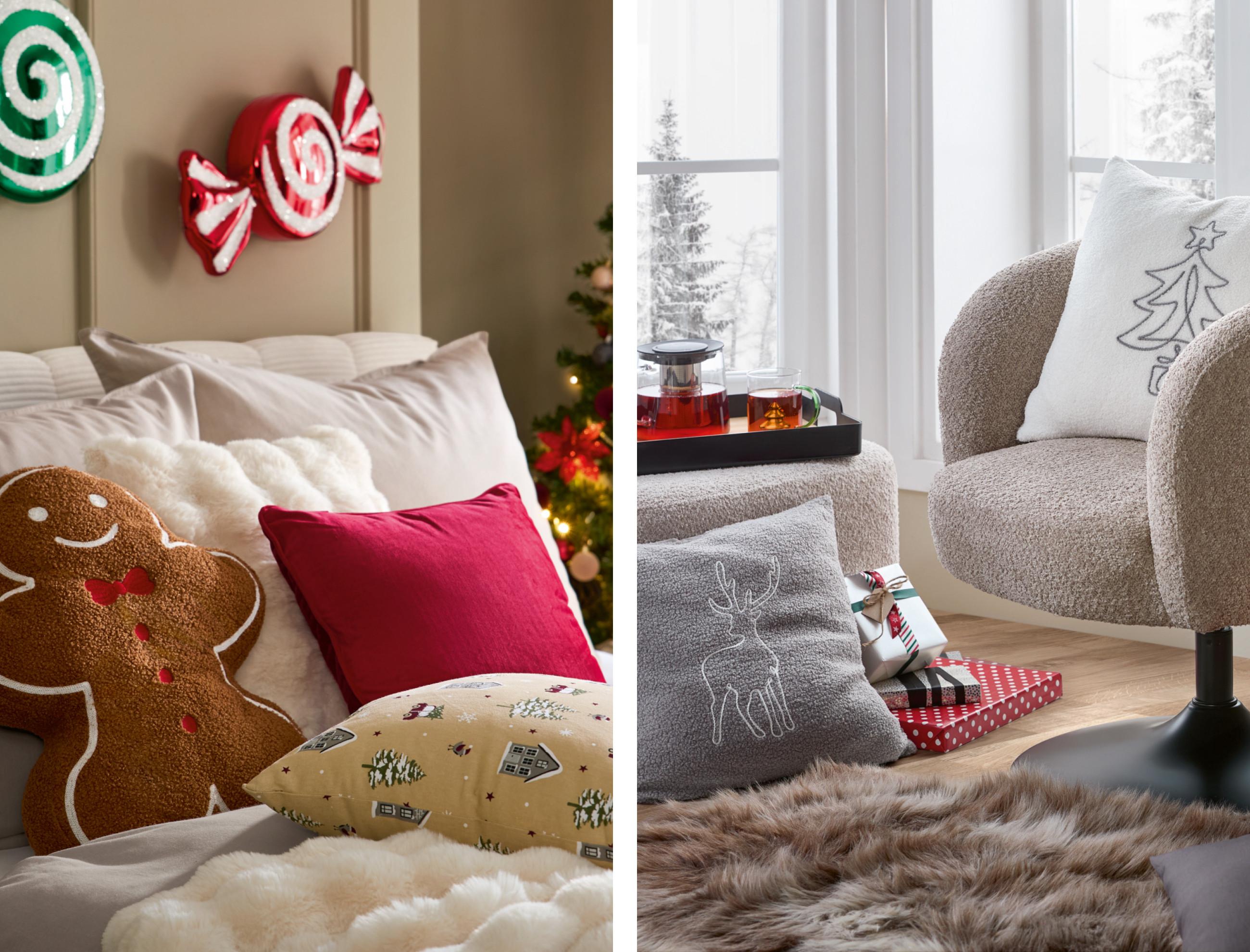 Collage aus weihnachtlichen Kissen und Relaxsessel, mobile