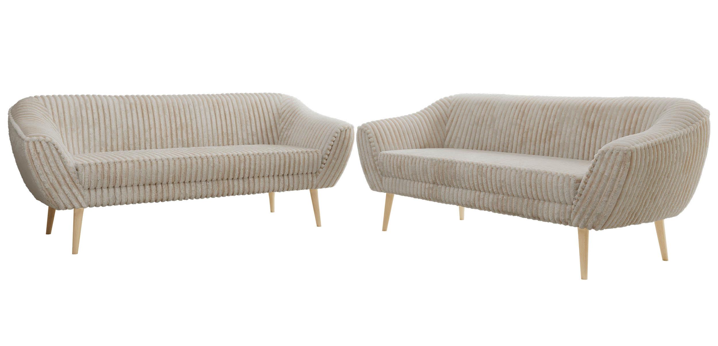 SITZGARNITUR PIRS 3+3 - Beige Cord - Holzbeine - Beige/Buchefarben, Holzwerkstoff/Textil (180/75/74cm) - MKS