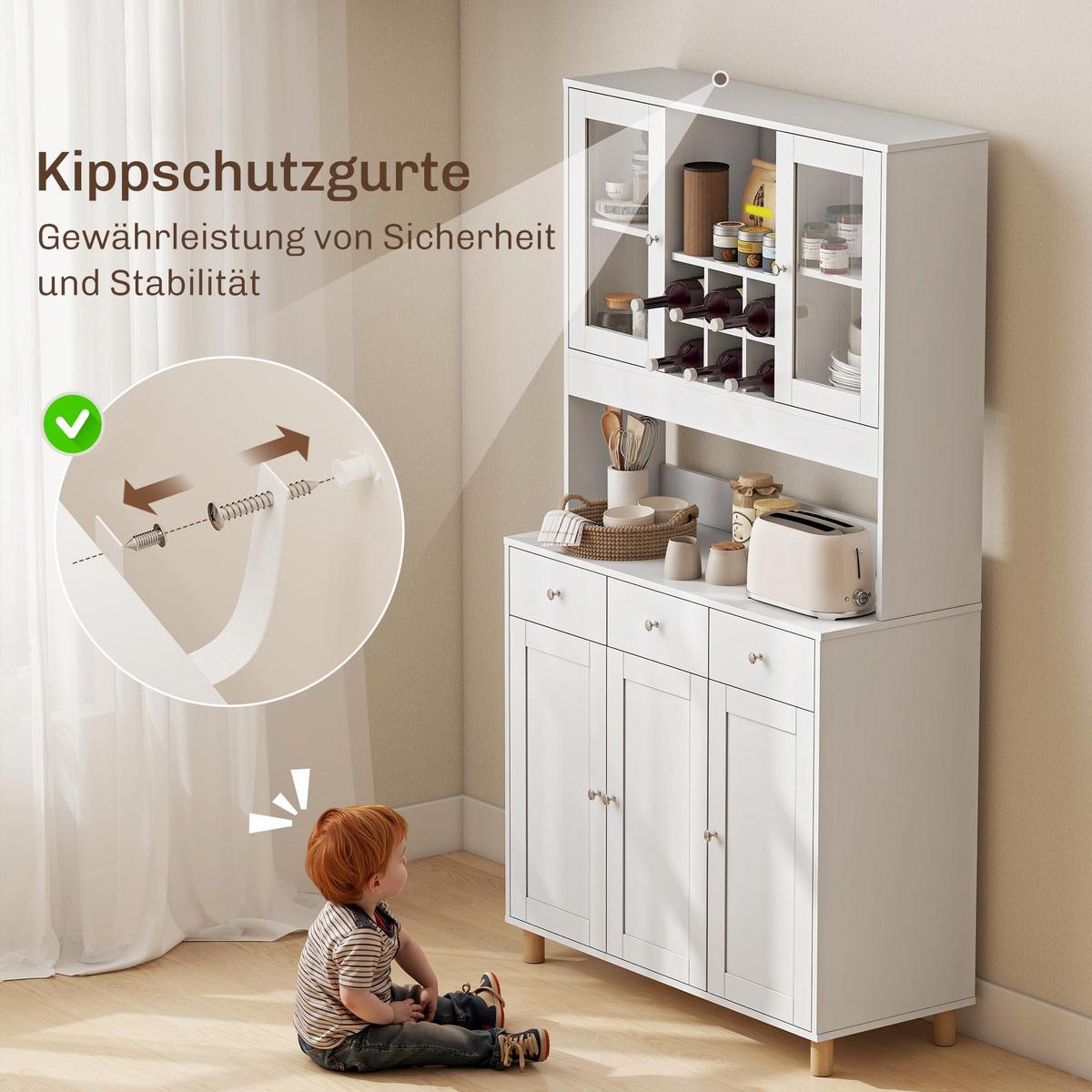 KÜCHENSCHRANK Spanplatte Hartglas Weiß - Silberfarben/Weiß, Holzwerkstoff/Metall (40/180/100cm) - HOMCOM