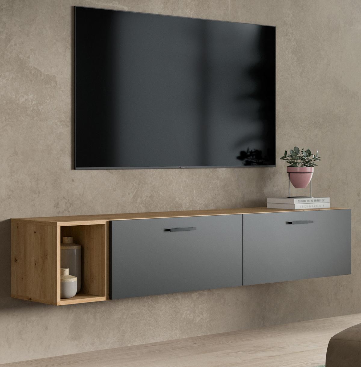 TV-LOWBOARD grau, Eiche Artisan 176 cm, TV Unterteil hängend / stehend - Schwarz/Eiche Artisan, Holzwerkstoff/Kunststoff (176/32/34cm) - Inn.Furn