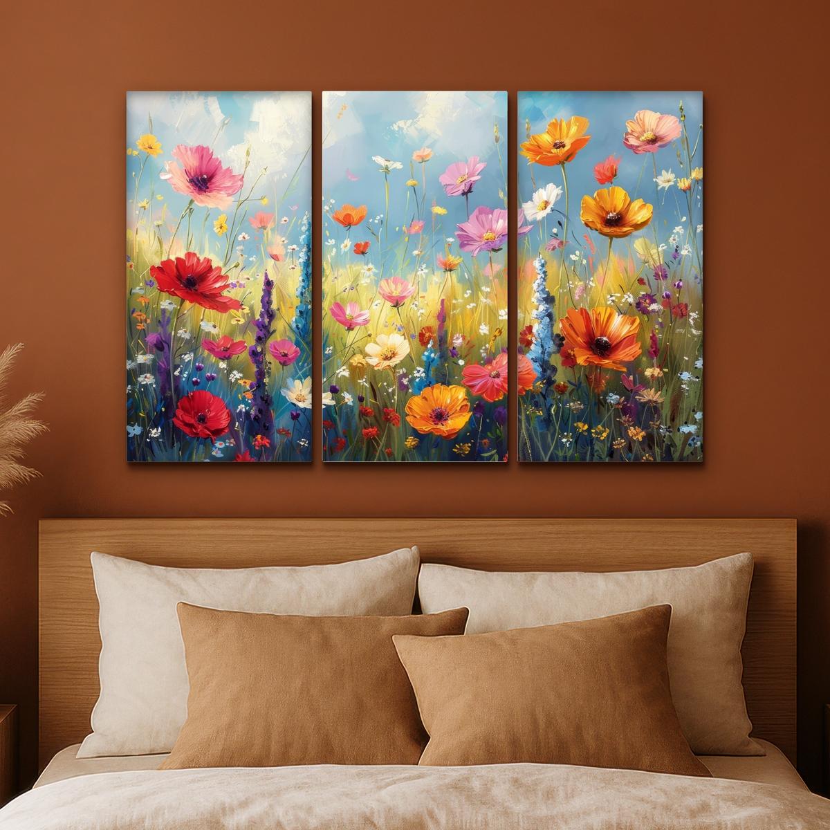 LEINWANDBILD 3er Set Blumen - Frühling - Farbenfroh - Sommerlich 120x80 cm - Orange, Textil (120/80cm) - MuchoWow