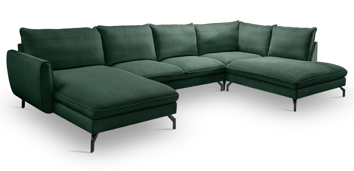 SOFA grün Cord-Stoff 202 x 361 cm, Wohnlandschaft U-Form - Dunkelgrün/Schwarz, Holz/Textil (361/87/202cm) - Inn.Furn