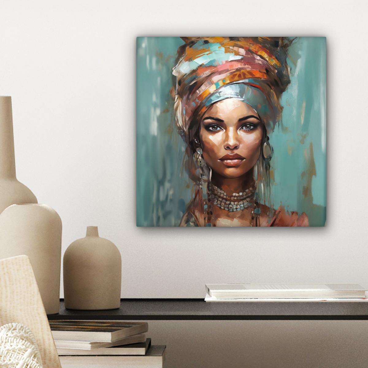 LEINWANDBILD Frau - Kunst - Schmuck - Porträt Deko Wohnzimmer 20x20 cm - Blaugrau, Textil (20/20cm) - MuchoWow