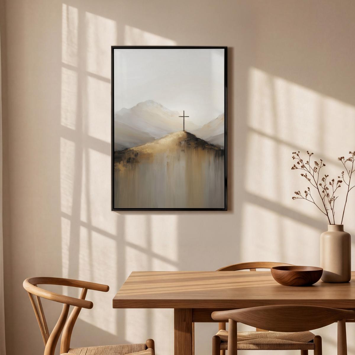 LEINWAND Bilder mit Rahmen - Hügel - Abstrakt - Kreuz - Christentum - 60x90 - Beige, Textil (60/90cm) - MuchoWow