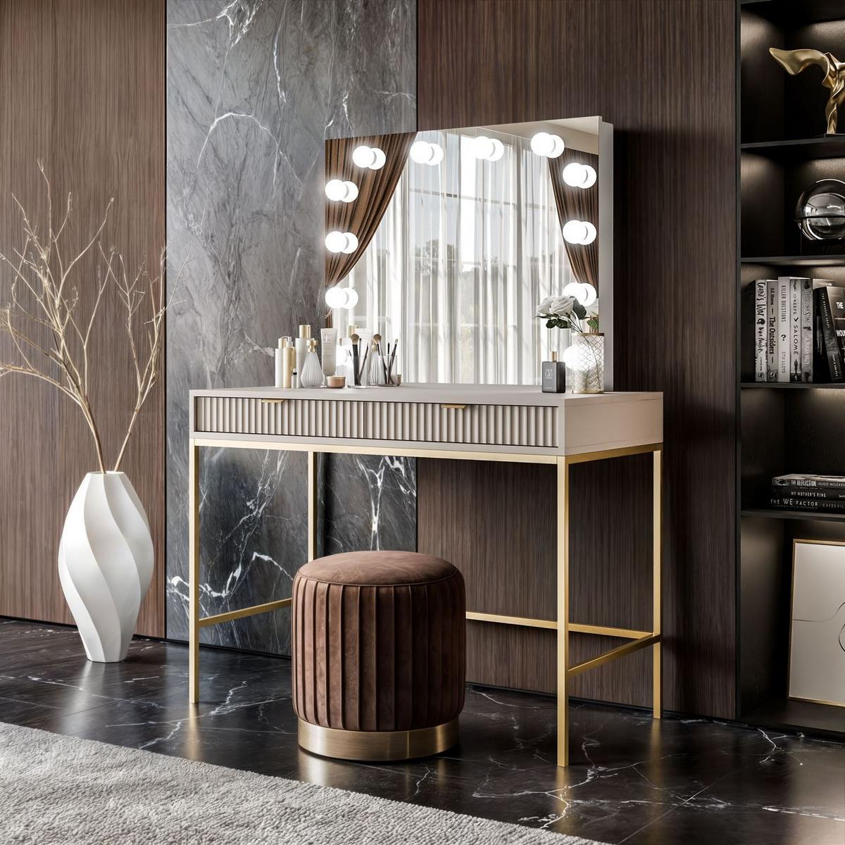 SCHMINKTISCH MIT SPIEGEL CORTADO ELITE GOLD KASCHMIR - Beige, Holzwerkstoff (104/78/50cm) - Lookway