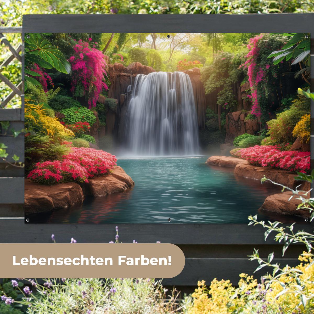 GARTENPOSTER Wasserfall - Natur - Pflanzen - Dschungel - Wasser Poster für draußen 180x120 cm - Grün, Kunststoff (180/120/0.2cm) - OnlyWow