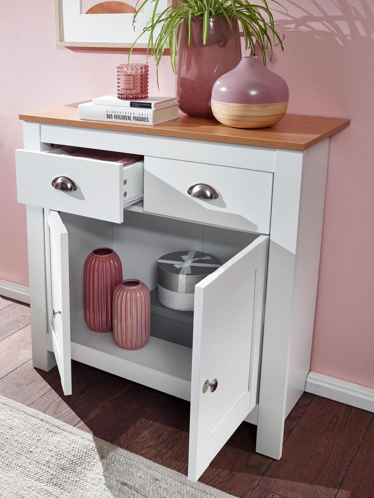 SIDEBOARD – Eiche/Weiß, 2 Schubladen, melaminbeschichtet, modern - Weiß, Holz/Metall (79/81/35cm) - KADIMA DESIGN