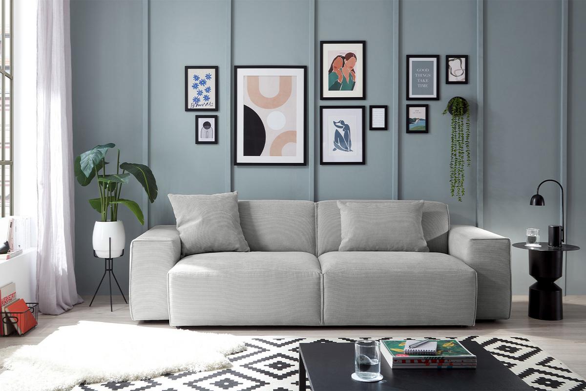SOFA RANI Silber Cord - Silberfarben/Schwarz, Kunststoff/Textil (256/71/101cm) - KAWOLA