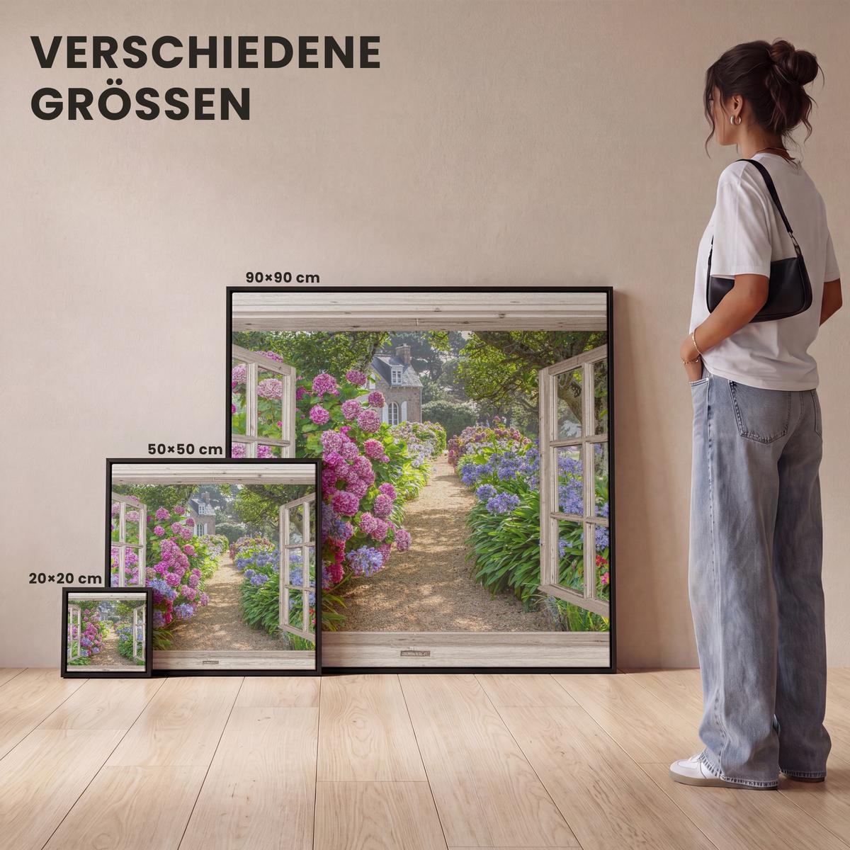 LEINWAND Bilder mit Rahmen - Hortensie - Durchsichtig - Blumen - Sommer - Lila - Weg - 50x50 - Lila, Textil (50/50cm) - MuchoWow