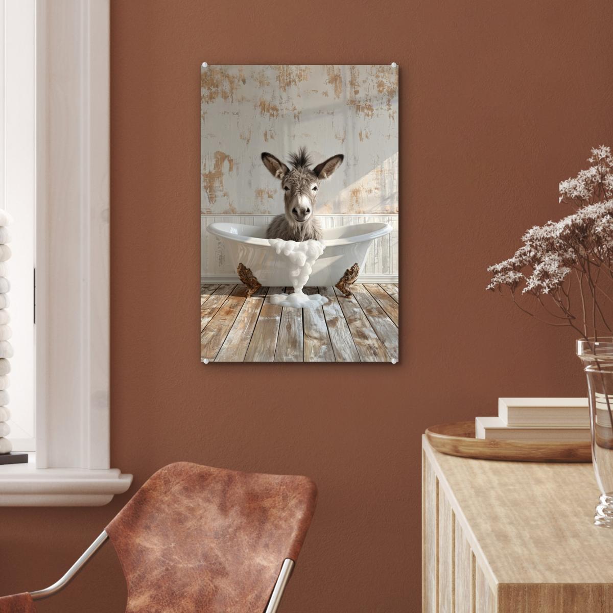 ACRYLGLASBILD Esel - Tiere - Badewanne - Schaumstoff Wanddeko Wohnzimmer 40x60 cm - Weiß, Glas (40/60cm) - MuchoWow