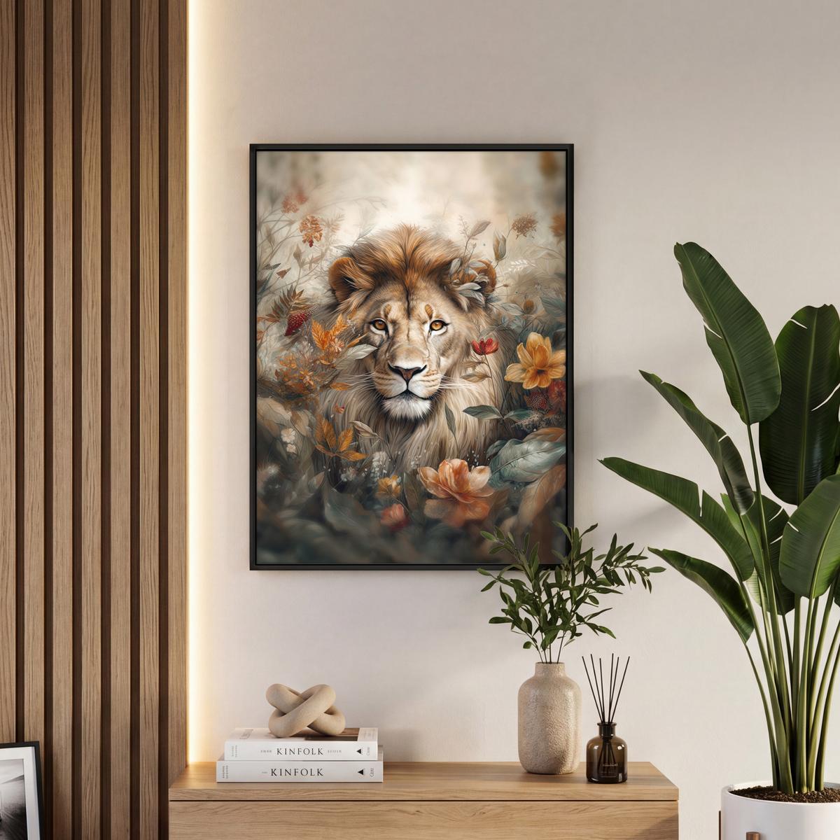 LEINWAND Bilder mit Rahmen - Löwe - Wildtiere - Pflanzen - Natur - Blumen - 60x80 - Beige, Textil (60/80cm) - MuchoWow