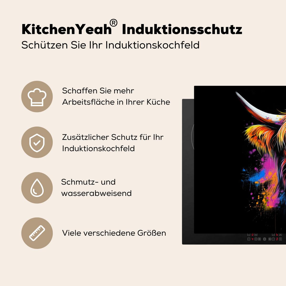HERDABDECKPLATTE Schottischer Highlander - Graffiti - Bunt - Blume - Tiere Induktionsmatte 81x52 cm - Multicolor, Kunststoff (81/52/0.2cm) - MuchoWow