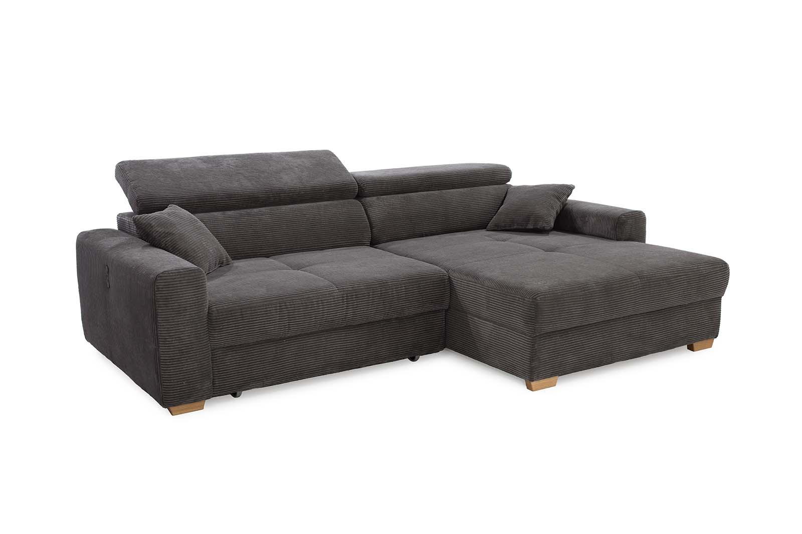 ECKSOFA mit elektrischer Sitztiefenverstellung, Kopflehnen verstellbar, USB-A und USB-C Ladefunktion B277/T187/H109 cm, Cord Dunkelgrau / 15402 - Dunkelgrau/Eichefarben, Eichenholz/Textil (277/187cm) - luma-home