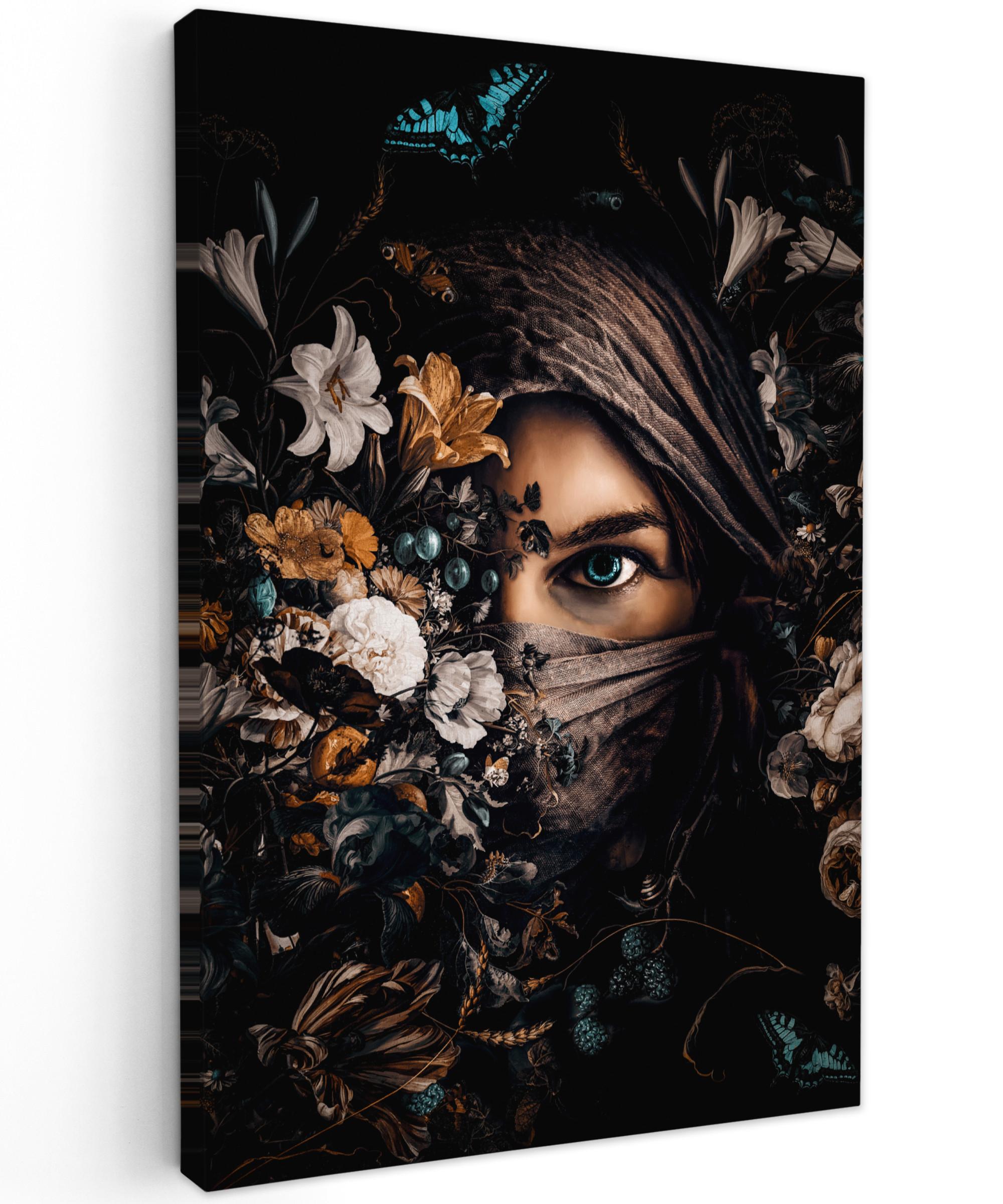 LEINWANDBILD Frau - Luxus - Blumen - Schmetterling - Porträt Deko Groß 90x140 cm - Schwarz, Textil (90/140cm) - MuchoWow