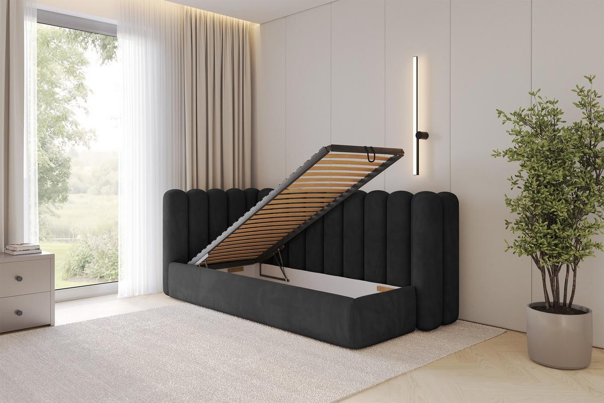 EINZELLBETT Jugendbett mit Bettkasten und Matratze H3/H4, Rechts - HUGY 100x200 Schwarz - Schwarz, Holzwerkstoff/Textil (100/200cm) - ALTDECOR
