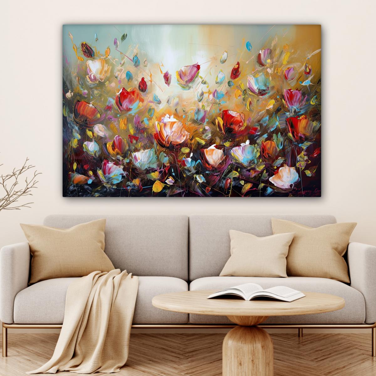 LEINWANDBILD Blumen - Kunst - Natur - Ölgemälde Groß 140x90 cm - Multicolor, Textil (140/90cm) - MuchoWow