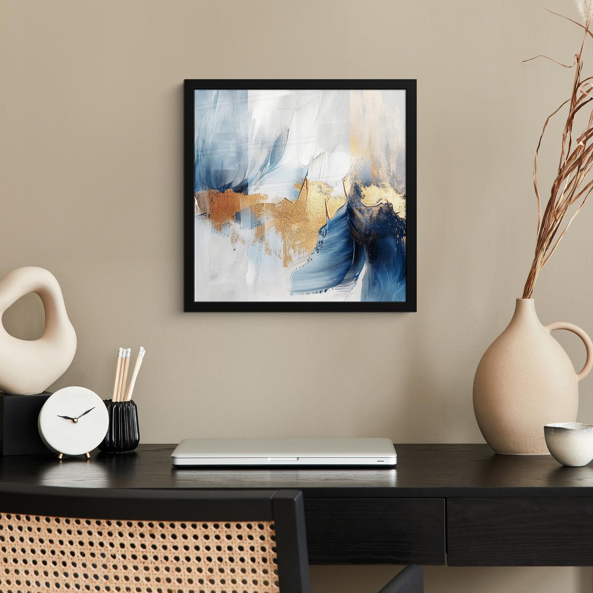 POSTER MIT RAHMENGERAHMTES BILD Gold - Blau - Aquarell - Kunst - Modern 40x40 cm - Hellblau, Papier (40/40cm) - MuchoWow