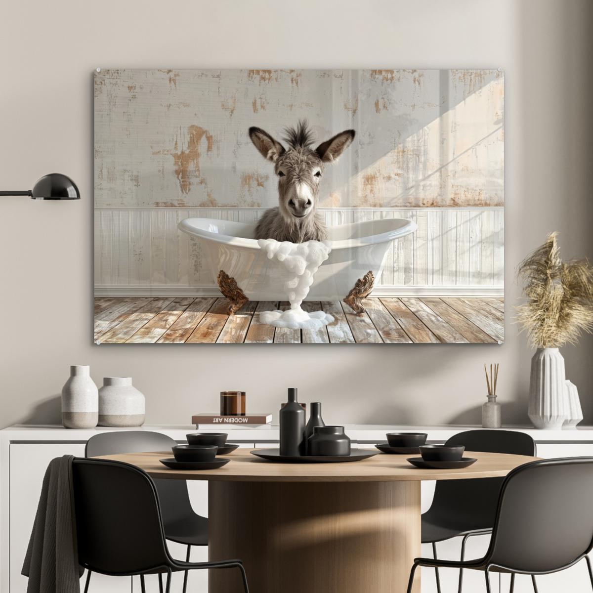 ACRYLGLASBILD Esel - Tiere - Badewanne - Schaumstoff Wandbild Schlafzimmer 120x80 cm - Weiß, Glas (120/80cm) - MuchoWow