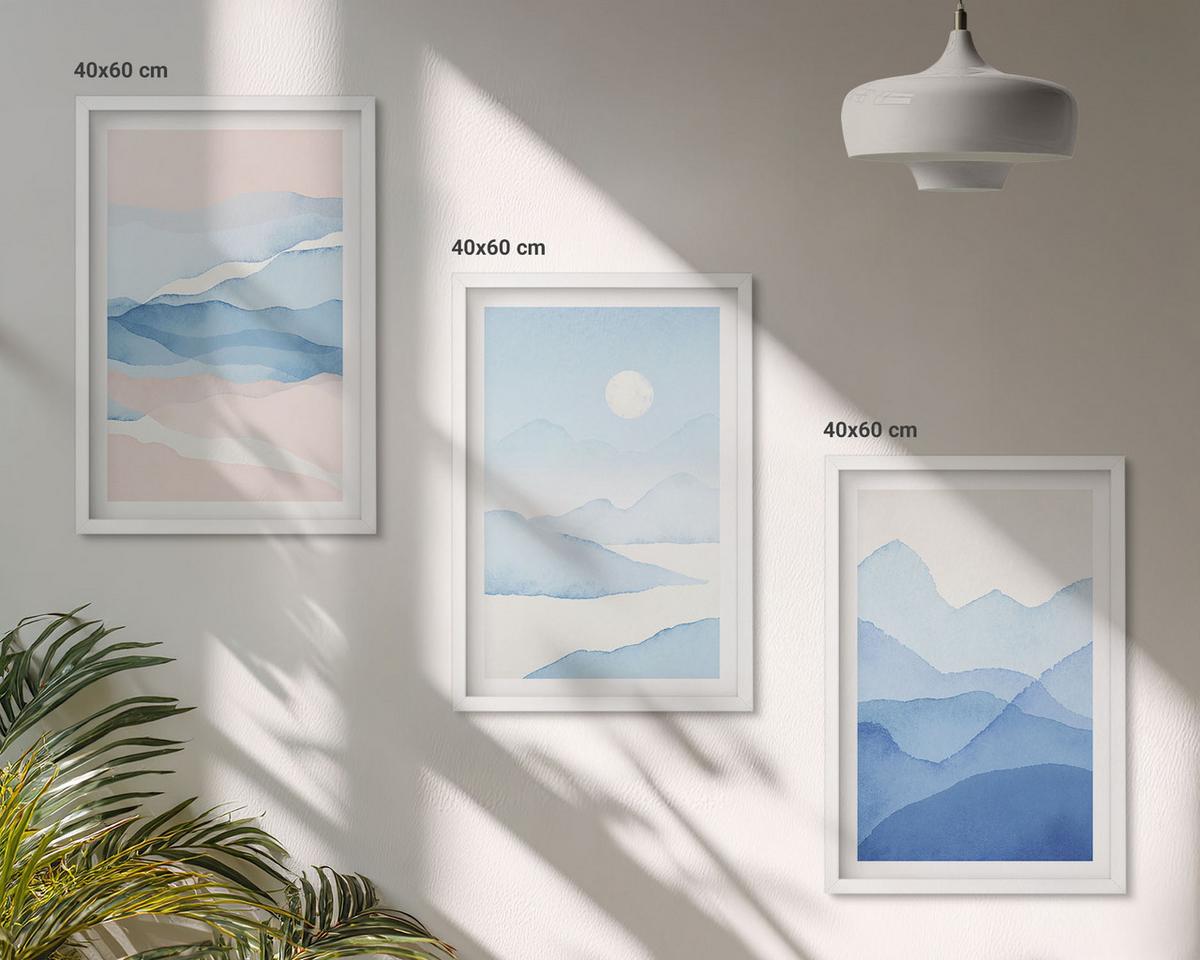 BILDER SET 3er Set - 40x60 cm Weißer Rahmen - Aquarell: Blau-rosa Berge - Weiß, Kunststoff (40/60cm) - TULUP