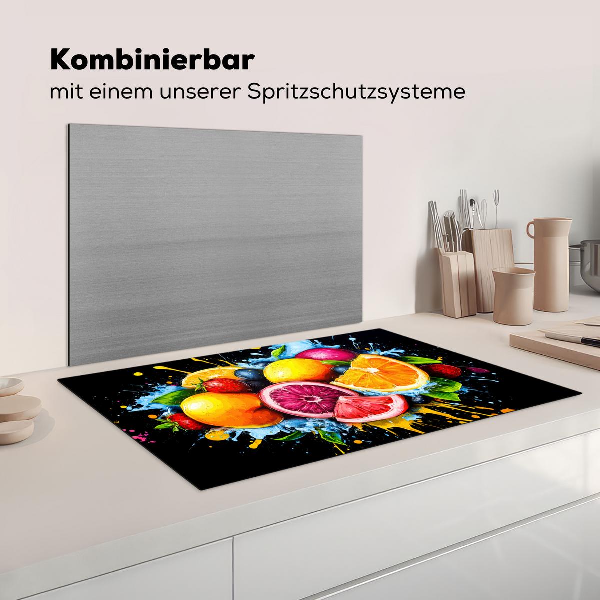 HERDABDECKPLATTE Obst - Graffiti - Bunt - Orange - Erdbeere - Abstrakt Ceranfeldabdeckung 85x52 cm - Orange, Kunststoff (85/52/0.2cm) - MuchoWow