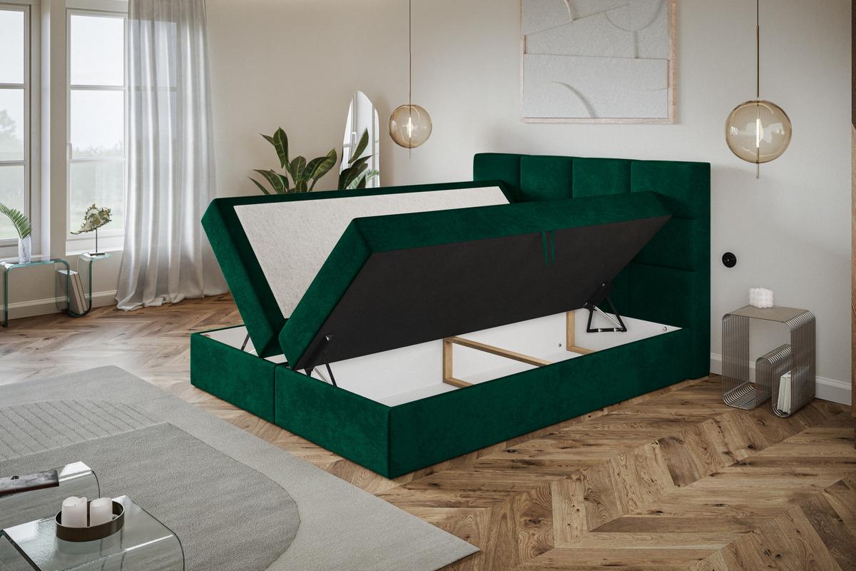 BOXBETT ROMA mit 2 Bettkästen, 180x200, Farbe: Dunkelgrün, Velourstoff, Doppelbett mit Bonell-Matratze - Dunkelgrün, Holz/Kunststoff (180/200cm) - Alpi-Möbel