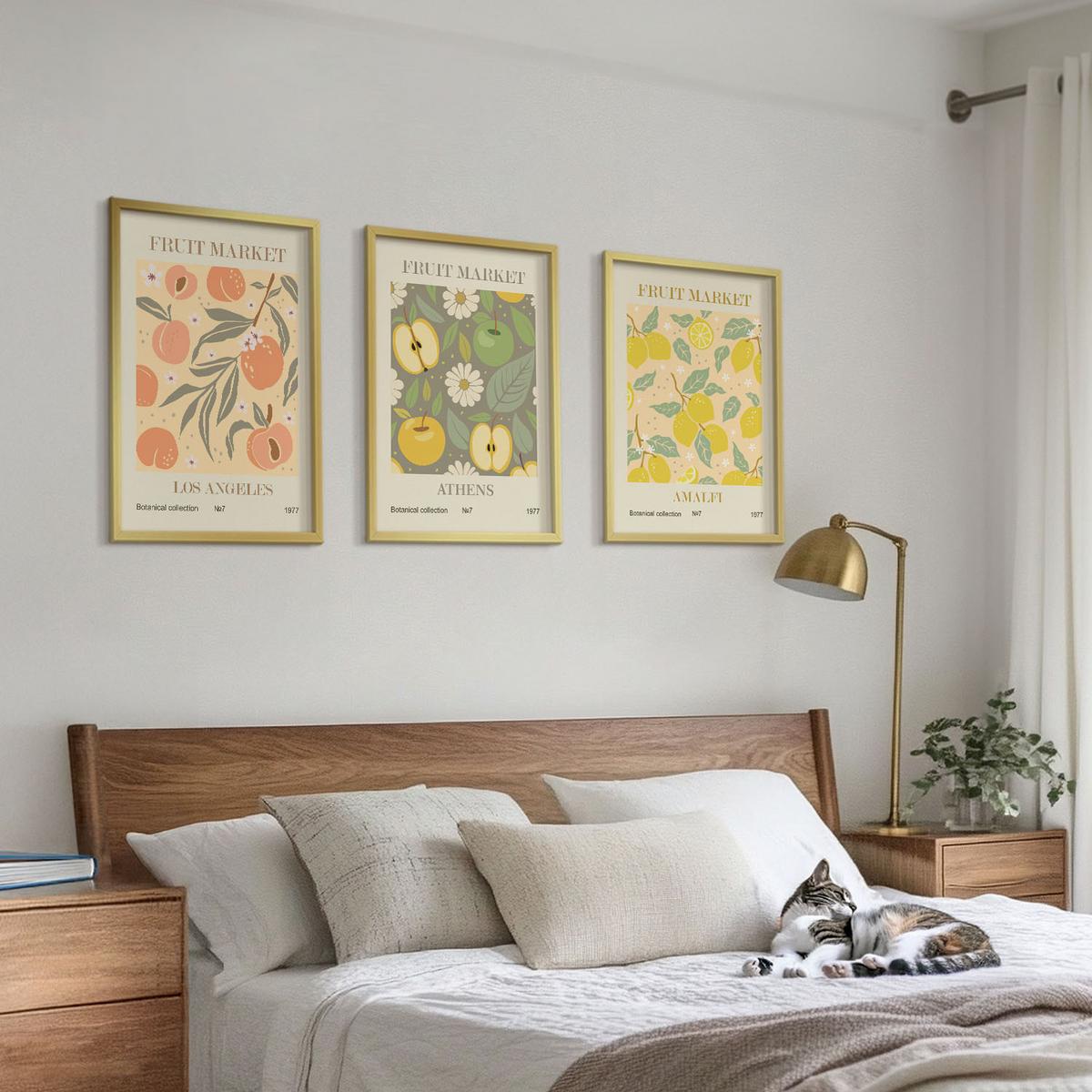 BILDER SET 3er Set - 40x60 cm Goldrahmen - Retro-Poster mit Fruchtmustern - Goldfarben, Kunststoff (40/60cm) - TULUP