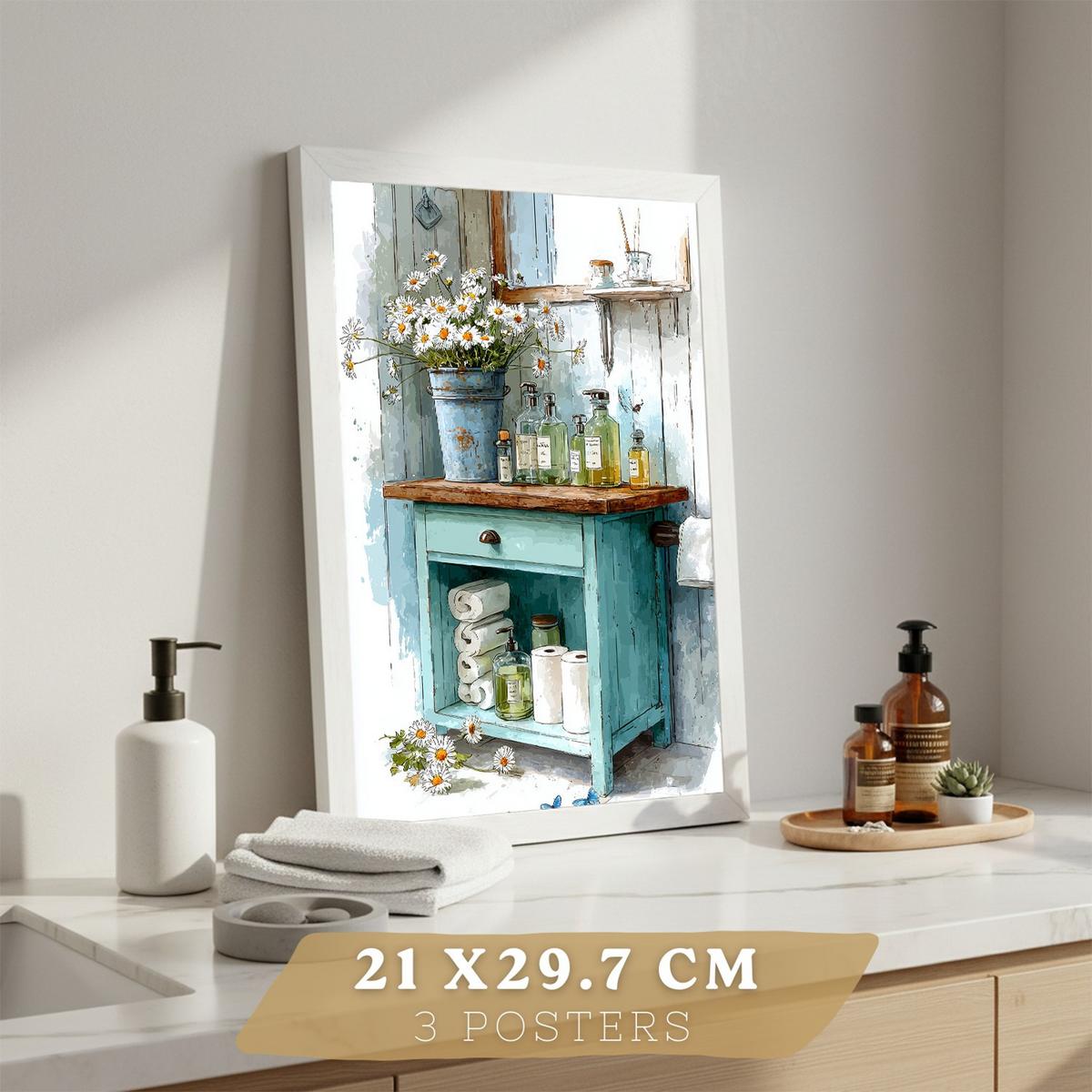 POSTER Set 3 dekorative Badezimmer-Poster im Cottage-Stil für Wand, Waschbecken, Dusche, florale Dekoration mit Badezimmermöbeln Rahmenlos A4 - Klar, Papier (29.7/21/3cm) - Nacnic