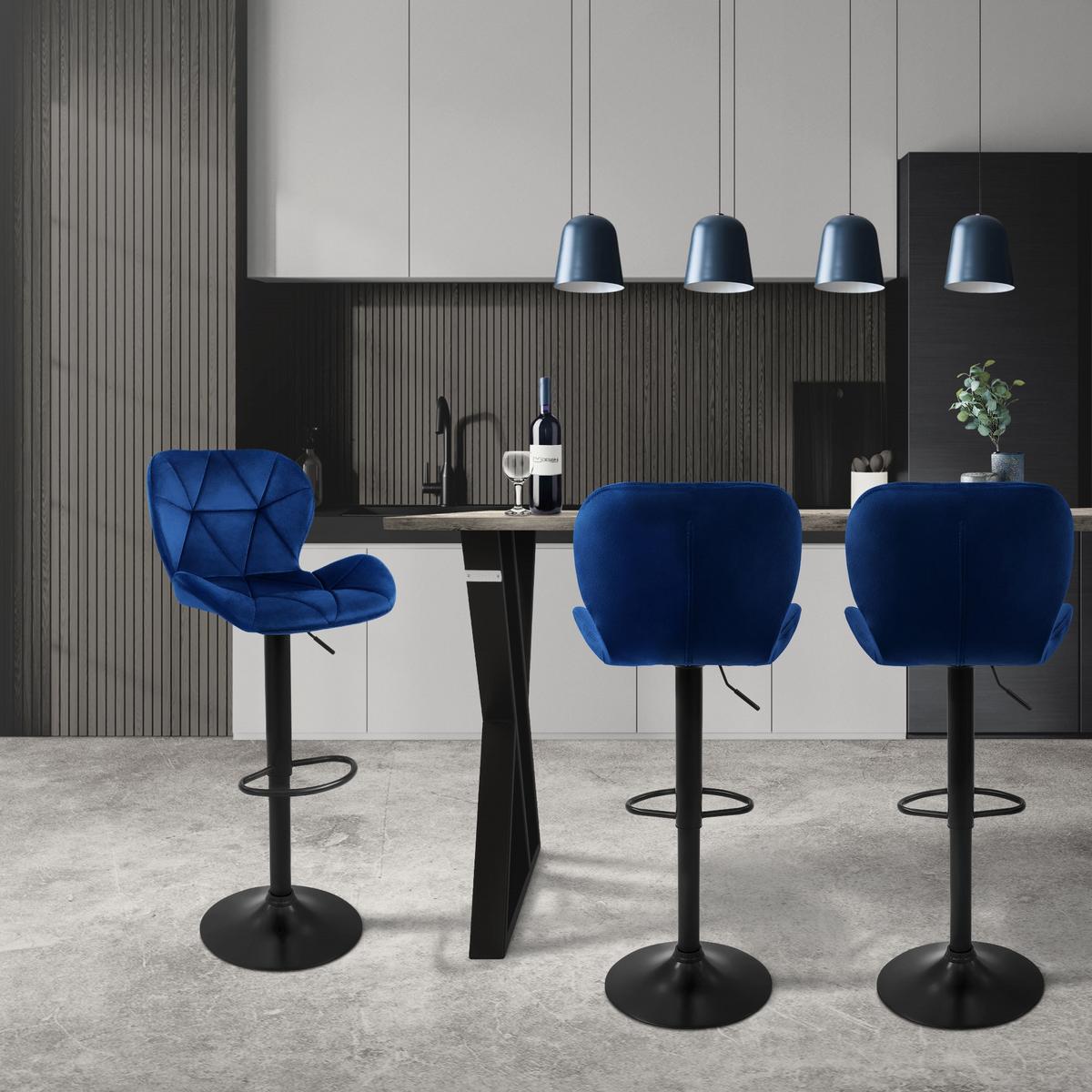 BARHOCKER 2er Set Blau aus Samt höhenverstellbar/drehbar - Blau/Schwarz, Textil/Metall (41/110/47cm) - ML-DESIGN