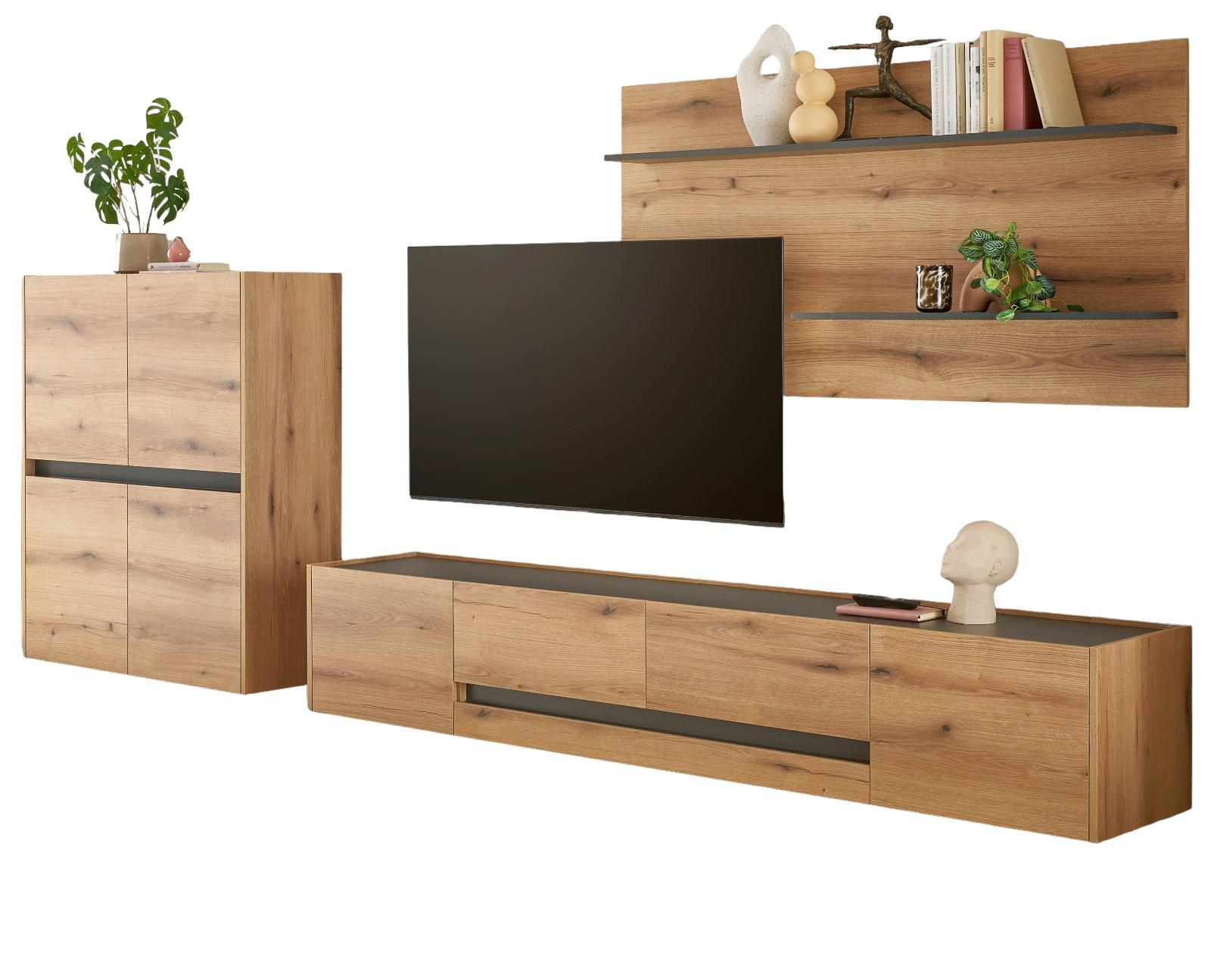 WOHNWAND Evoke Eiche, grau inklusive Beleuchtung, Wohnkombination Set 3-teilig, 343 cm - Eichefarben/Schwarz, Holzwerkstoff/Kunststoff (360/180/45cm) - Furn.Design