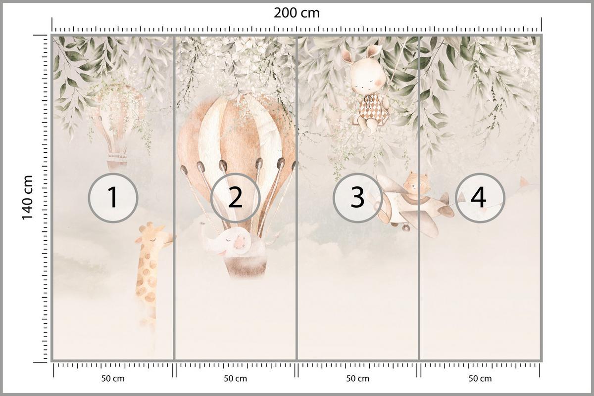 FOTOTAPETE für Kinderzimmer Tiere Wolken Ballons Giraffe Sonne 200x140 - Beige/Braun, Papier (200/140cm) - Muralo