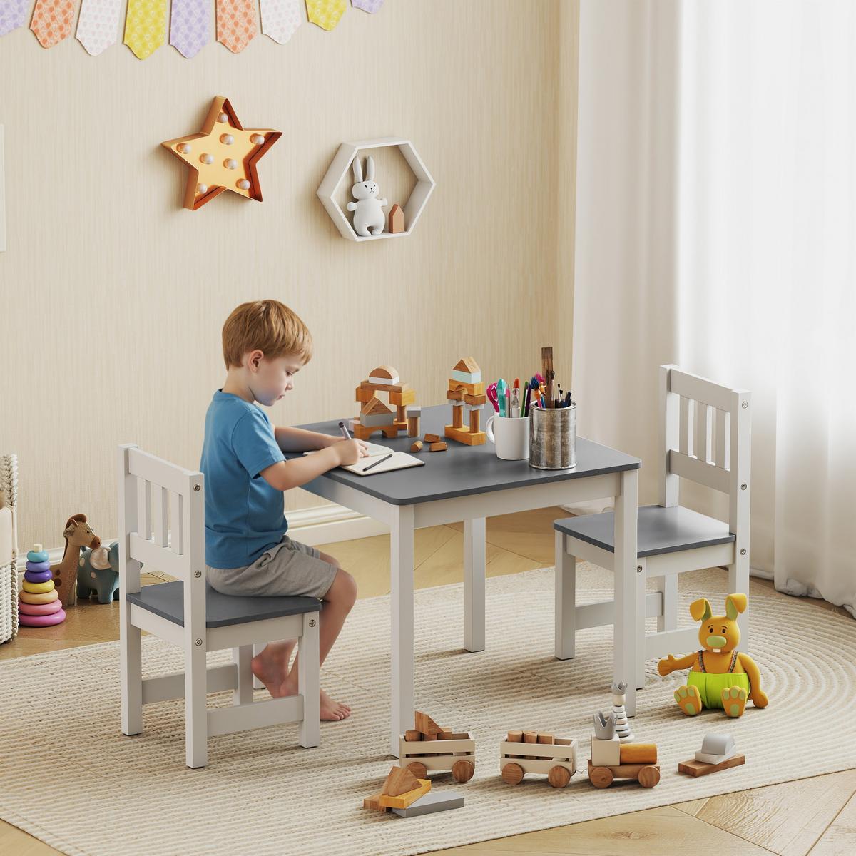 KINDERTISCH mit 2-Stühlen 3er Set MDF Kiefernholz Grau - Grau, Holz (52/48/56cm) - AIYAPLAY